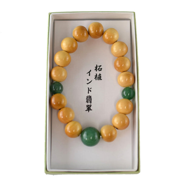 13.8mm Tsuge Box Wood & Indian Jade Bracelet - 京都あさひ屋－Kyoto Asahiya