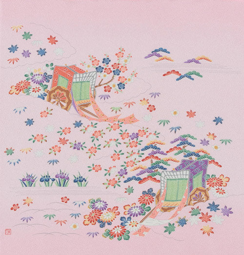 68cm Silk Furoshiki - Yuzen Dyeing Kagayuzen Pink