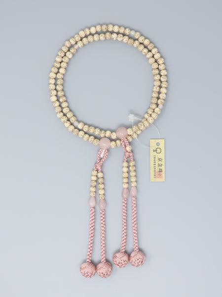 Shingon sect White Bodhi wood & Rose Quartz Japanese Juzu Prayer Beads