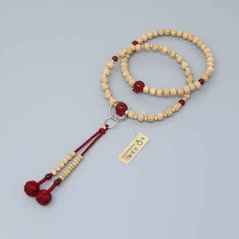 Jōdo 24cm White Bodhi Seed Wood & Red Agate Juzu Prayer beads