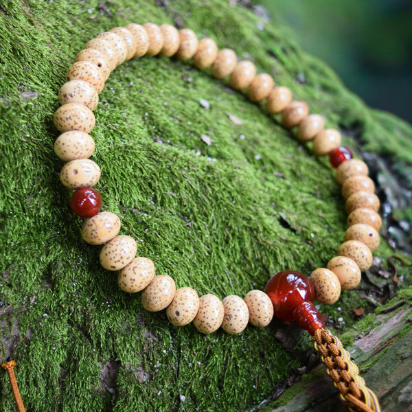 White Bodhi Seed Wood Oval beads & Red Agate Juzu Prayer beads