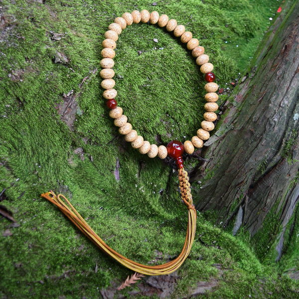 White Bodhi Seed Wood Oval beads & Red Agate Juzu Prayer beads