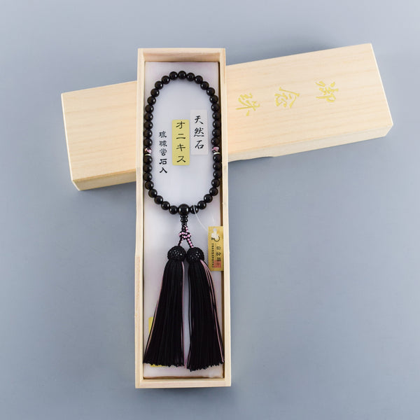 Black Onyx & Pink Ryukyu Fluorite Two-Tone Tassels Juzu Prayer Beads Rosary Japanese Gift