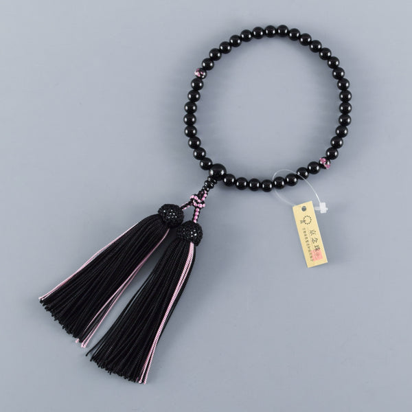 Black Onyx & Pink Ryukyu Fluorite Two-Tone Tassels Juzu Prayer Beads Rosary Japanese Gift