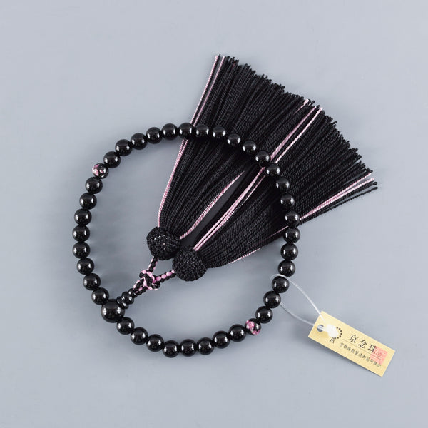 Black Onyx & Pink Ryukyu Fluorite Two-Tone Tassels Juzu Prayer Beads Rosary Japanese Gift