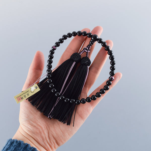 Black Onyx & Pink Ryukyu Fluorite Two-Tone Tassels Juzu Prayer Beads Rosary Japanese Gift