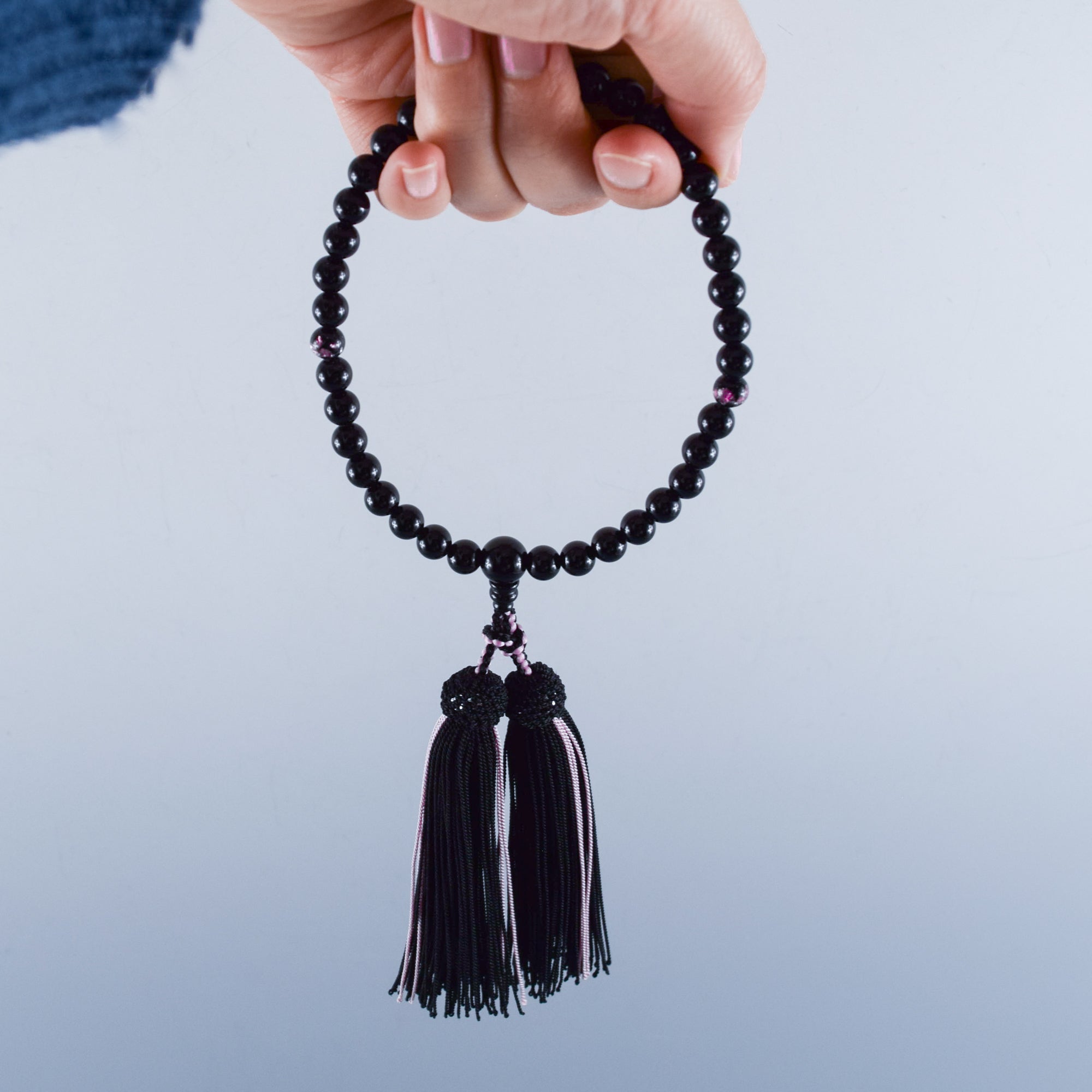 Black Onyx & Pink Ryukyu Fluorite Two-Tone Tassels Juzu Prayer