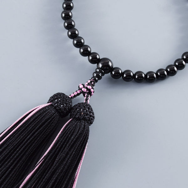 Black Onyx & Pink Ryukyu Fluorite Two-Tone Tassels Juzu Prayer Beads Rosary Japanese Gift