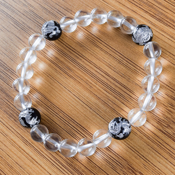 Crystal with Black Onyx Four Symbols Carving Japanese Beads Bracelet