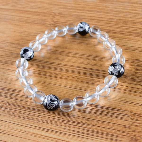 Crystal with Black Onyx Four Symbols Carving Japanese Beads Bracelet