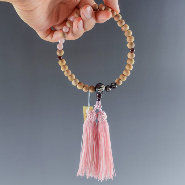 8mm/13mm Cherry Blossoms Wood With Rosewood Makie Beads Strawberry quartz Juzu One-handed Prayer Beads 2 types