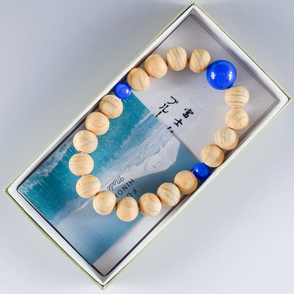 Fuji Hinoki Cypress Wood With Blue Agate Bracelet 3 Size