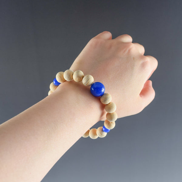 Fuji Hinoki Cypress Wood With Blue Agate Bracelet 3 Size