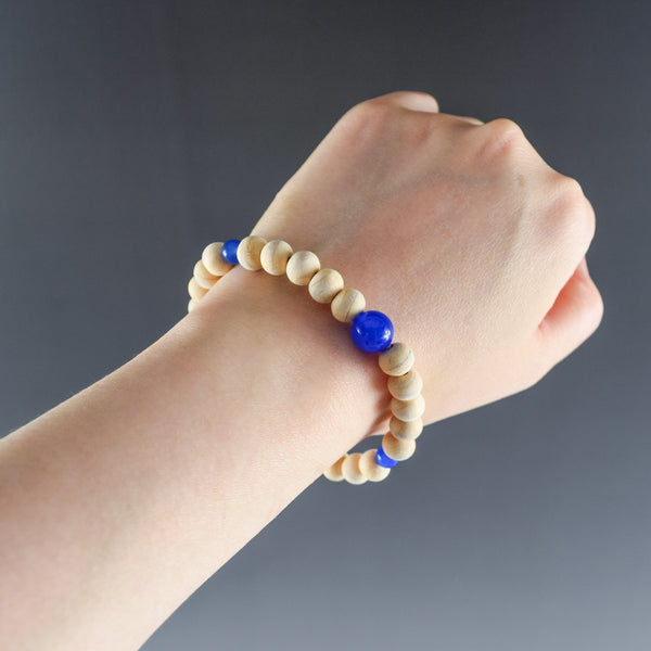 Fuji Hinoki Cypress Wood With Blue Agate Bracelet 3 Size