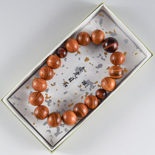 13mm Keyaki Wood with Red Tiger eye Beads Japanese Bracelet
