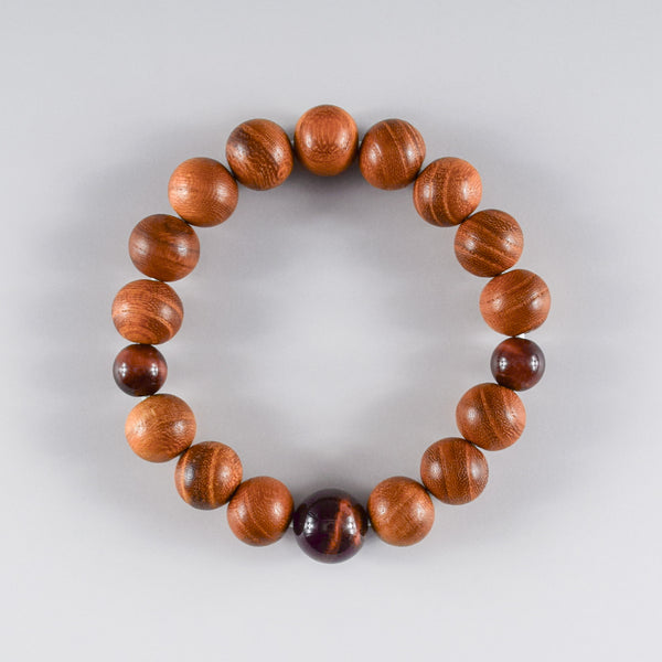 13mm Keyaki Wood with Red Tiger eye Beads Japanese Bracelet