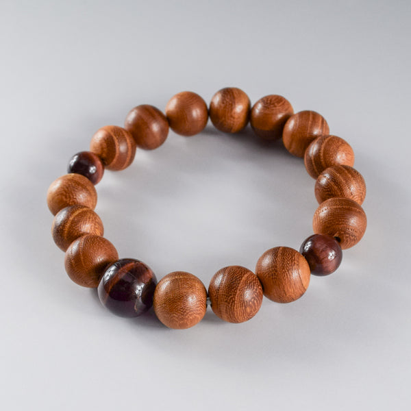 13mm Keyaki Wood with Red Tiger eye Beads Japanese Bracelet