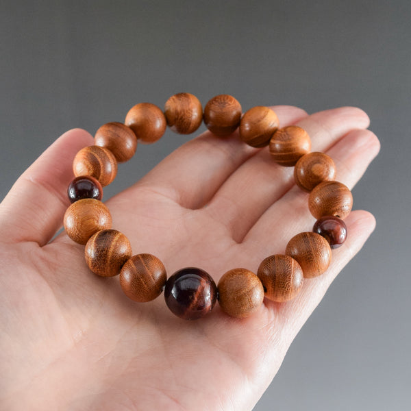 13mm Keyaki Wood with Red Tiger eye Beads Japanese Bracelet