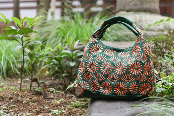 Cotton Handbag Tote bag - Pine Pattern, Dark Green