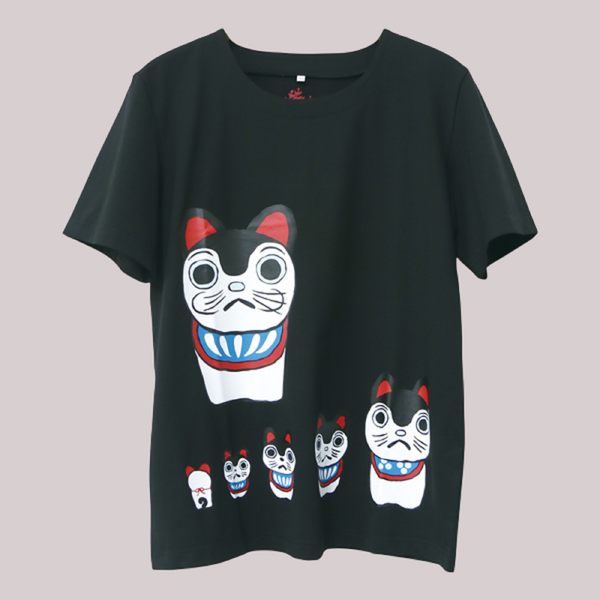 Japanese T-shirt Cotton Fabric Paper mache dogs Pattern Black