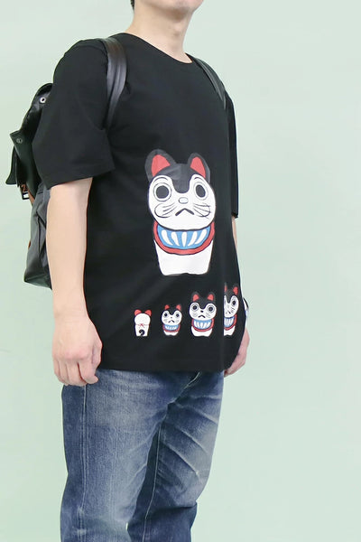 Japanese T-shirt Cotton Fabric Paper mache dogs Pattern Black