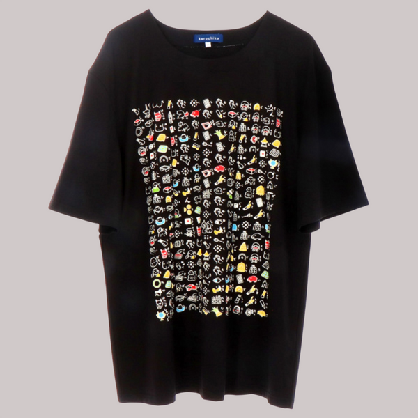 Japanese T-shirt Cotton Fabric illustrated Heart Sutra Pattern Black