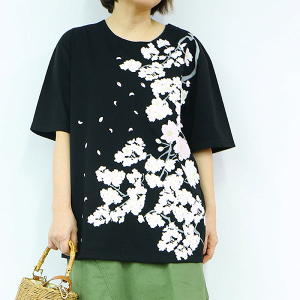 Japanese T-shirt Cotton Fabric Cherry blossom Pattern Black