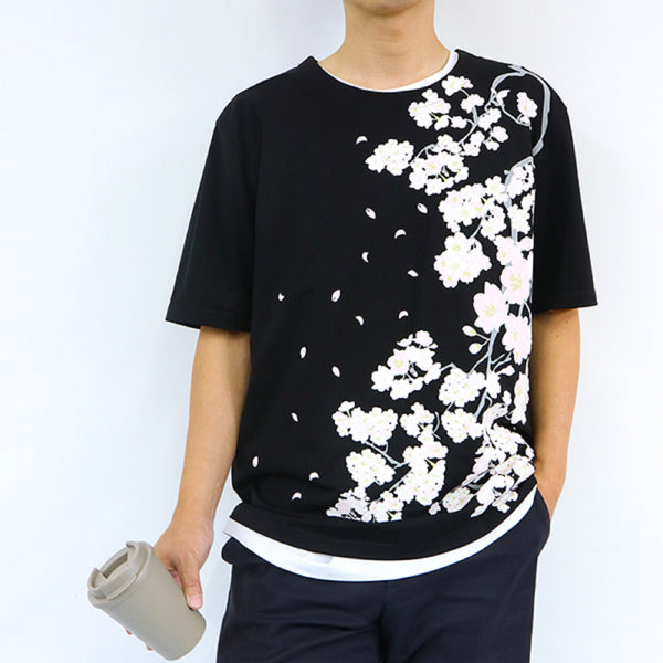 Japanese T-shirt Cotton Fabric Cherry blossom Pattern Black