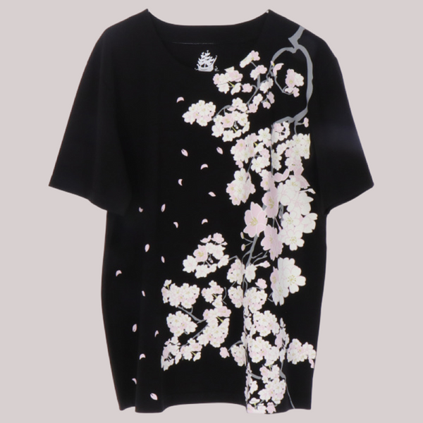 Japanese T-shirt Cotton Fabric Cherry blossom Pattern Black