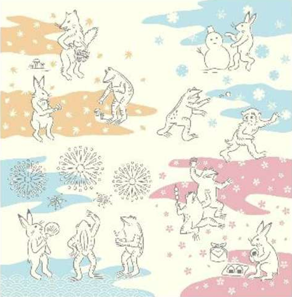 50cm / 75cm 風呂敷　ふろしき   くらしの布　鳥獣戯画　春夏秋冬　綿100％　