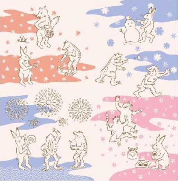 50cm / 75cm 風呂敷　ふろしき   くらしの布　鳥獣戯画　春夏秋冬　綿100％　