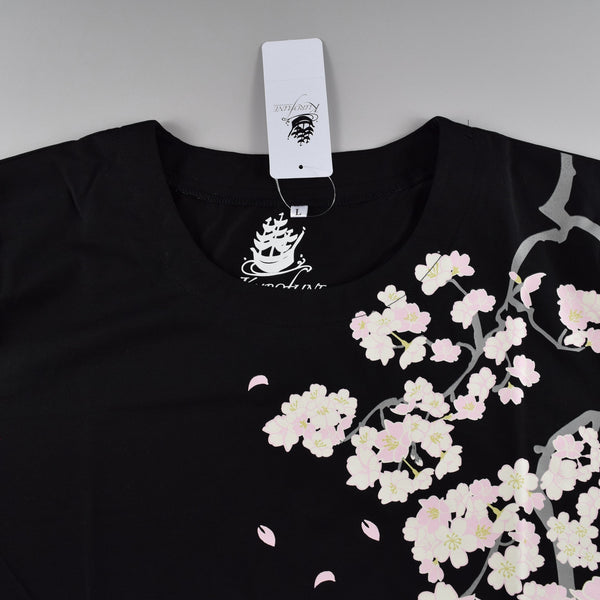  Tシャツ　花桜　黒　綿95％　ポリウレタン5%