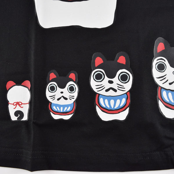 Japanese T-shirt Cotton Fabric Paper mache dogs Pattern Black