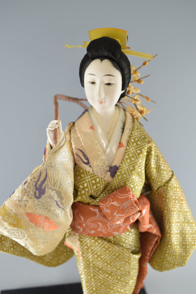 Japanese Traditional Doll Figurine Ornament Home Decor Deep Green & Gold Plum【free shipping】