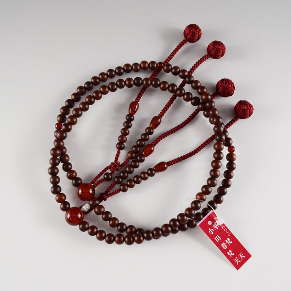 Shingon sect Striped Rosewood & Red Agate Japanese Men's Juzu Prayer Beads
