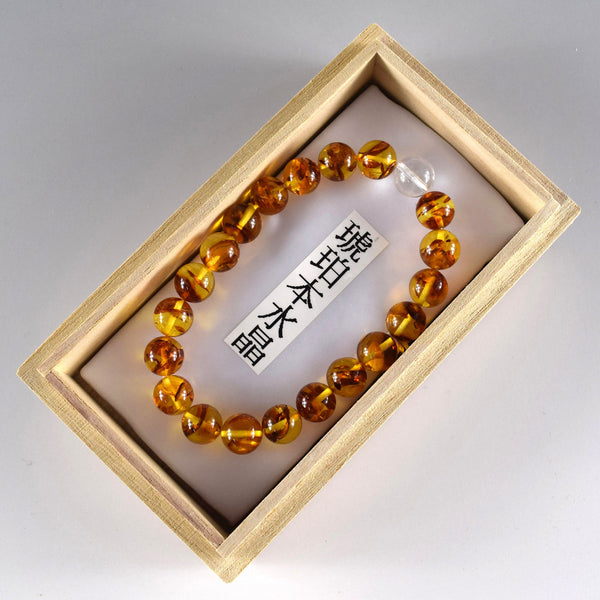 [One of a kind] 9.5mm Compressed Amber & Crystal Quartz  Bracelet