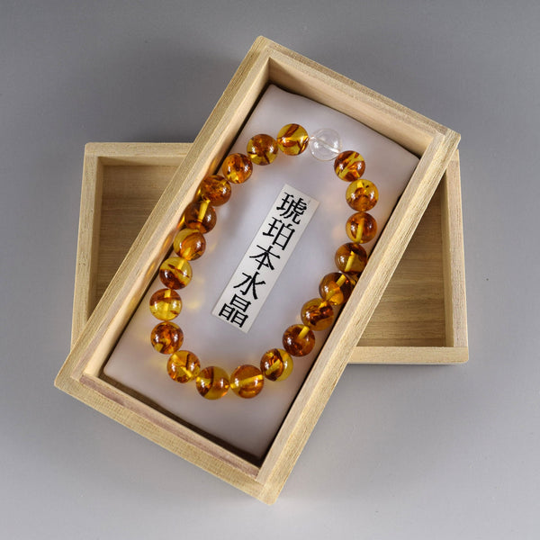 [One of a kind] 9.5mm Compressed Amber & Crystal Quartz  Bracelet