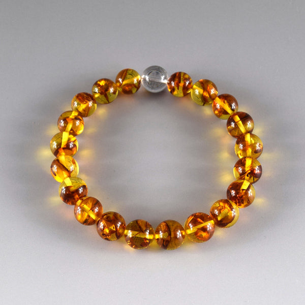 [One of a kind] 9.5mm Compressed Amber & Crystal Quartz  Bracelet