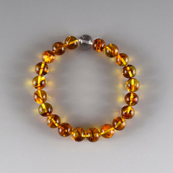 [One of a kind] 9.5mm Compressed Amber & Crystal Quartz  Bracelet