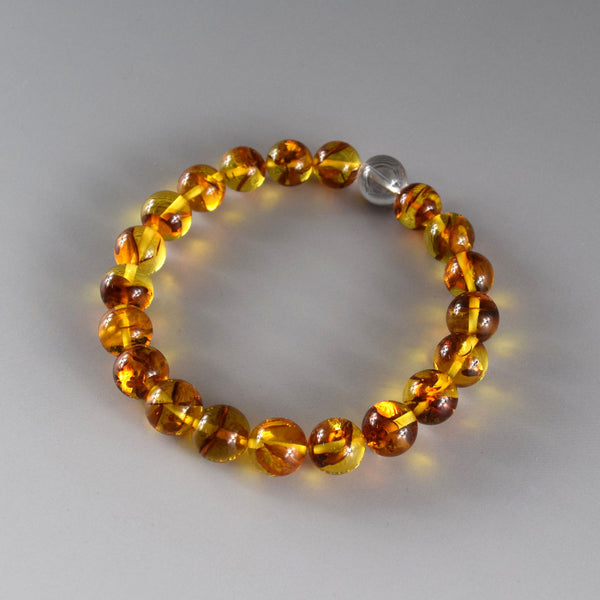 [One of a kind] 9.5mm Compressed Amber & Crystal Quartz  Bracelet