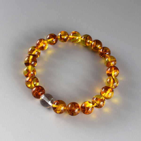 [One of a kind] 9.5mm Compressed Amber & Crystal Quartz  Bracelet