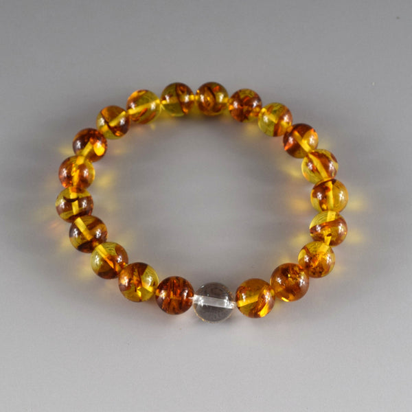 [One of a kind] 9.5mm Compressed Amber & Crystal Quartz  Bracelet