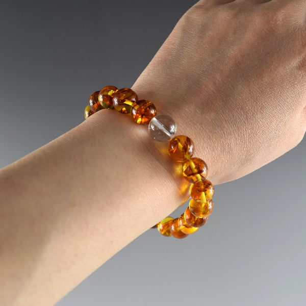 [One of a kind] 9.5mm Compressed Amber & Crystal Quartz  Bracelet