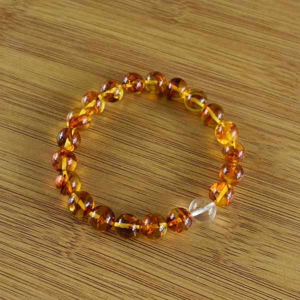 [One of a kind] 9.5mm Compressed Amber & Crystal Quartz  Bracelet