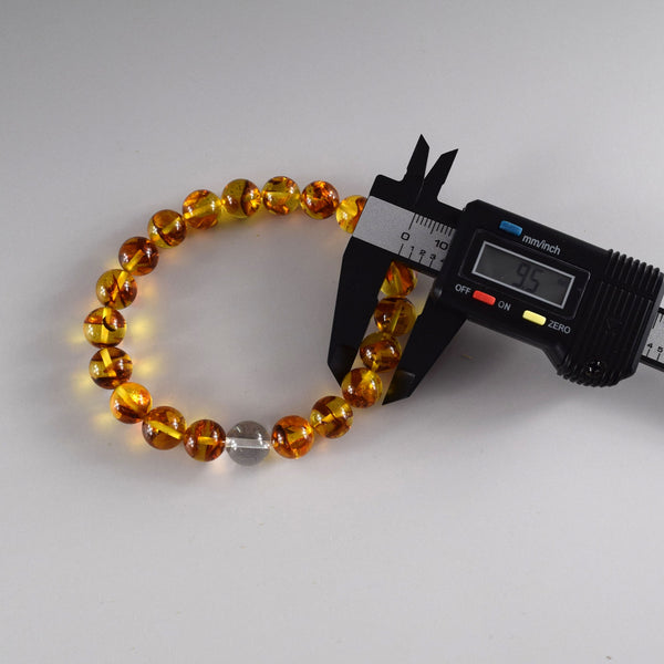 [One of a kind] 9.5mm Compressed Amber & Crystal Quartz  Bracelet