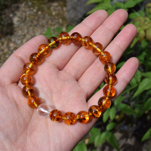 [One of a kind] 9.5mm Compressed Amber & Crystal Quartz  Bracelet