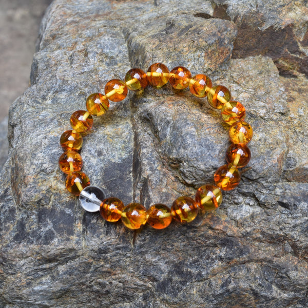 [One of a kind] 9.5mm Compressed Amber & Crystal Quartz  Bracelet