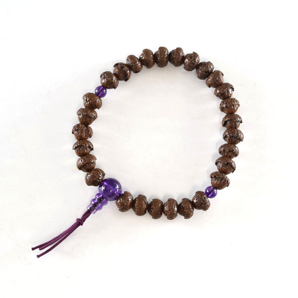 9mm Lotus Bodhi Tree Wood & Amethyst Bracelet