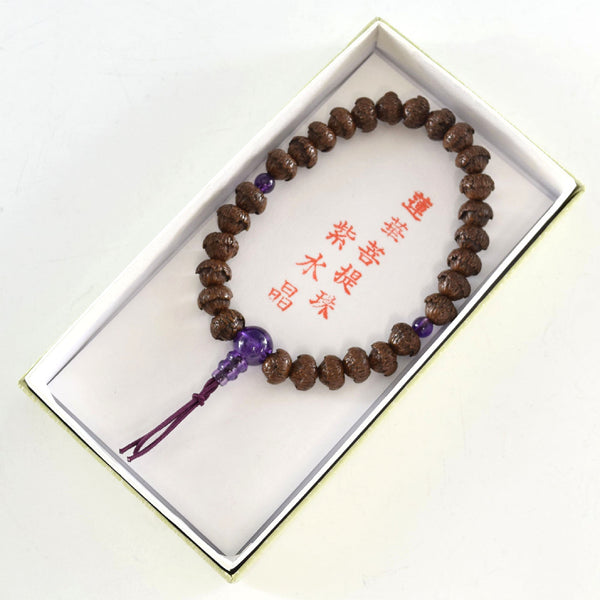 9mm Lotus Bodhi Tree Wood & Amethyst Bracelet