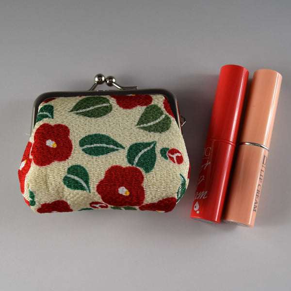 Japanese Metal Clasp Purse Pouch Camellia Flower Pattern Hanagatami -Medium Size